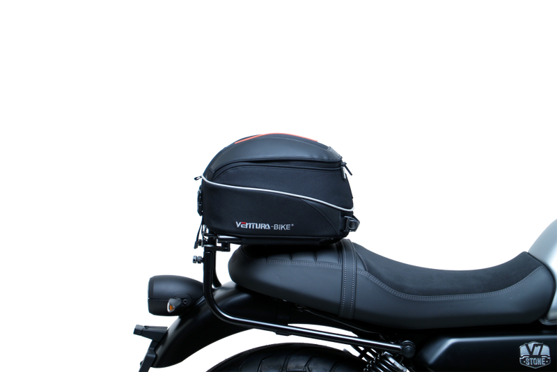 The image showcases the Moto Guzzi V7 Special (21 ->) Bike-Pack Kit by Ventura, featuring an EVO-12 pack and adaptable EVO-RACK, along with a generic image of an L-bracket with screws.