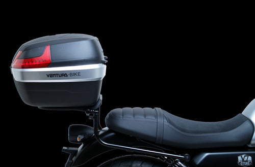 The image showcases the Moto Guzzi V7 Special (21 ->) Bike-Pack Kit by Ventura, featuring an EVO-12 pack and adaptable EVO-RACK, along with a generic image of an L-bracket with screws.
