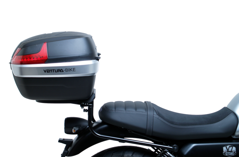 The image showcases the Moto Guzzi V7 Special (21 ->) Bike-Pack Kit by Ventura, featuring an EVO-12 pack and adaptable EVO-RACK, along with a generic image of an L-bracket with screws.