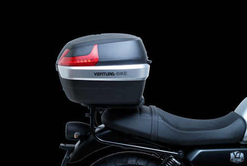 The image showcases the Moto Guzzi V7 Special (21 ->) Bike-Pack Kit by Ventura, featuring an EVO-12 pack and adaptable EVO-RACK, along with a generic image of an L-bracket with screws.