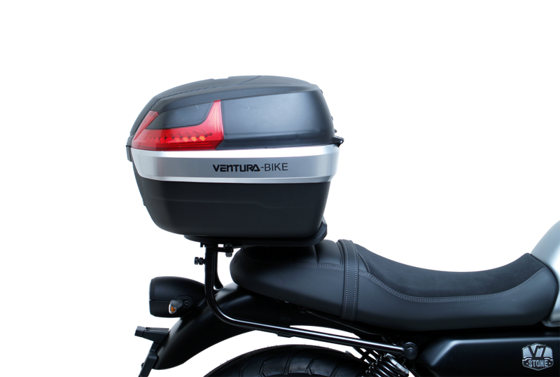 The image showcases the Moto Guzzi V7 Special (21 ->) Bike-Pack Kit by Ventura, featuring an EVO-12 pack and adaptable EVO-RACK, along with a generic image of an L-bracket with screws.