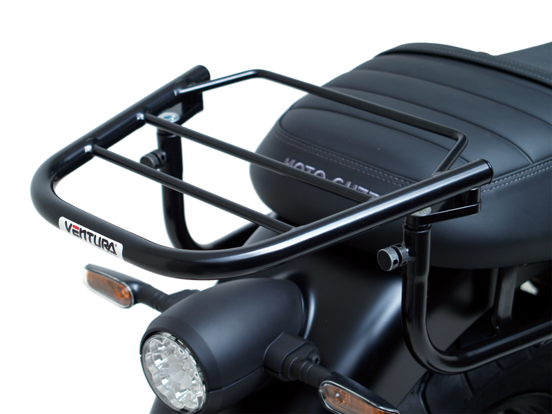The image showcases the Moto Guzzi V7 Special (21 ->) Bike-Pack Kit by Ventura, featuring an EVO-12 pack and adaptable EVO-RACK, along with a generic image of an L-bracket with screws.