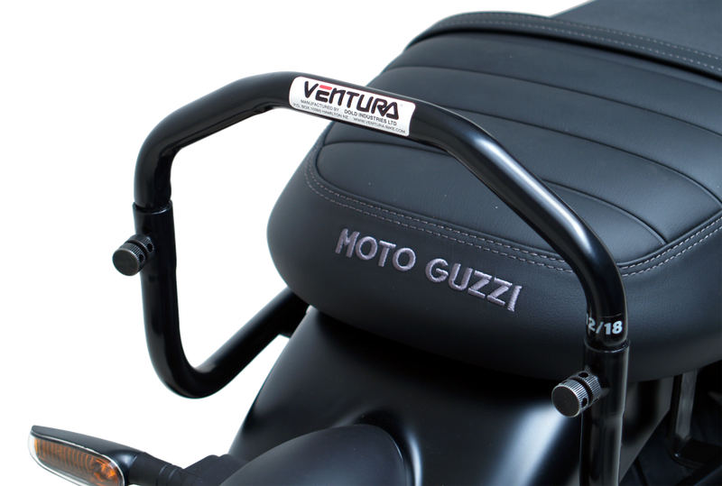 The image showcases the Moto Guzzi V7 Special (21 ->) Bike-Pack Kit by Ventura, featuring an EVO-12 pack and adaptable EVO-RACK, along with a generic image of an L-bracket with screws.