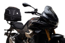 The Ventura EVO-12 Bike-Pack Kit for Moto Guzzi V100, V100S Mandello (22 - >) includes a black EVO-12 pack, a black Evo-Rack or Adjustable Pack-Rack mounted on the motorcycle, and an image of a labeled L-bracket with hardware.