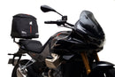 The Ventura EVO-12 Bike-Pack Kit for Moto Guzzi V100, V100S Mandello (22 - >) includes a black EVO-12 pack, a black Evo-Rack or Adjustable Pack-Rack mounted on the motorcycle, and an image of a labeled L-bracket with hardware.
