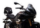 The Ventura EVO-12 Bike-Pack Kit for Moto Guzzi V100, V100S Mandello (22 - >) includes a black EVO-12 pack, a black Evo-Rack or Adjustable Pack-Rack mounted on the motorcycle, and an image of a labeled L-bracket with hardware.