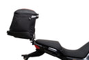 The Ventura EVO-12 Bike-Pack Kit for Moto Guzzi V100, V100S Mandello (22 - >) includes a black EVO-12 pack, a black Evo-Rack or Adjustable Pack-Rack mounted on the motorcycle, and an image of a labeled L-bracket with hardware.