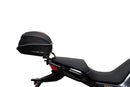 The Ventura EVO-12 Bike-Pack Kit for Moto Guzzi V100, V100S Mandello (22 - >) includes a black EVO-12 pack, a black Evo-Rack or Adjustable Pack-Rack mounted on the motorcycle, and an image of a labeled L-bracket with hardware.