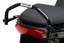 The Ventura EVO-12 Bike-Pack Kit for Moto Guzzi V100, V100S Mandello (22 - >) includes a black EVO-12 pack, a black Evo-Rack or Adjustable Pack-Rack mounted on the motorcycle, and an image of a labeled L-bracket with hardware.
