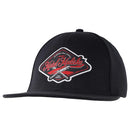 The Metal Mulisha Swing Away Flex Hat by Metal Mulisha is a black flat-brimmed hat featuring a red and white embroidered logo on the front. The logo displays the text "Metal Mulisha" and "The Original Thrill Seekers," accompanied by graphic elements such as crossed swords and a small shield emblem.