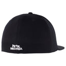 The Metal Mulisha Swing Away Flex Hat by Metal Mulisha is a black flat-brimmed hat featuring a red and white embroidered logo on the front. The logo displays the text "Metal Mulisha" and "The Original Thrill Seekers," accompanied by graphic elements such as crossed swords and a small shield emblem.