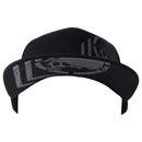 A Metal Mulisha Sketched Flex Hat in black, featuring a flat bill and an embroidered monochrome skull wearing a helmet on the side. The front showcases an embroidered stylized dodo bird within a circular frame, giving it a distinctive edgy look reminiscent of the Metal Mulisha brand.