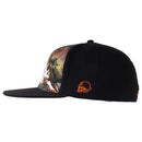 The Metal Mulisha Bunker Flex Hat is a black flat-brim cap with a multicolored camouflage design on the front panel and brim, featuring an embroidered skull icon in orange thread on the side panel, reflecting Metal Mulisha's signature style.