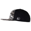 The Metal Mulisha Tough Snapback is a camouflage-patterned hat featuring an embroidered white skull with a beard and an OG Helmet design on the front panel. This cap includes a flat brim and black mesh detailing on the sides, perfectly capturing Metal Mulisha's bold style.