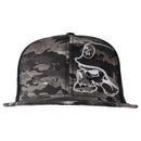 The Metal Mulisha Tough Snapback is a camouflage-patterned hat featuring an embroidered white skull with a beard and an OG Helmet design on the front panel. This cap includes a flat brim and black mesh detailing on the sides, perfectly capturing Metal Mulisha's bold style.