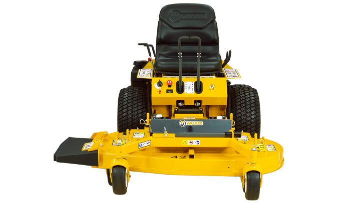 The Walker R42 Residential Mower in yellow comes equipped with a black seat and large rear wheels. Featuring a wide cutting deck at the front and powered by a durable Kohler engine, it is engineered for efficient grass cutting on expansive lawns. Its advanced mulching system guarantees precise, eco-friendly mowing every time.