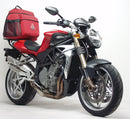The Ventura EVO-12 kit for the MV Agusta 910 F4 Brutale S, R (2007) includes a sleek black bike-pack, an adjustable pack-rack seamlessly attached to the bike, and an L-bracket with screws for easy installation.