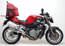 The Ventura EVO-12 kit for the MV Agusta 910 F4 Brutale S, R (2007) includes a sleek black bike-pack, an adjustable pack-rack seamlessly attached to the bike, and an L-bracket with screws for easy installation.