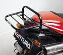The Ventura EVO-12 kit for the MV Agusta 910 F4 Brutale S, R (2007) includes a sleek black bike-pack, an adjustable pack-rack seamlessly attached to the bike, and an L-bracket with screws for easy installation.
