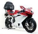 Image of the Ventura MV Agusta 1000 F4R (12-14) Pack-Rack Kit featuring a black bike pack labeled "EVO-12 Pack," a black metal EVO-Rack, and adjustable black metal L-Brackets with screws. Ideal for anyone seeking a dependable Adjustable Pack-Rack solution.