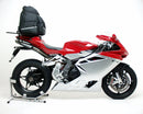 Image of the Ventura MV Agusta 1000 F4R (12-14) Pack-Rack Kit featuring a black bike pack labeled "EVO-12 Pack," a black metal EVO-Rack, and adjustable black metal L-Brackets with screws. Ideal for anyone seeking a dependable Adjustable Pack-Rack solution.