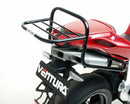 Image of the Ventura MV Agusta 1000 F4R (12-14) Pack-Rack Kit featuring a black bike pack labeled "EVO-12 Pack," a black metal EVO-Rack, and adjustable black metal L-Brackets with screws. Ideal for anyone seeking a dependable Adjustable Pack-Rack solution.