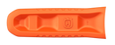 The Husqvarna Chainsaw Guide Bar Cover features a bright orange plastic design with a raised "H" logo and textured grip edges, ensuring guide bar safety and saw chain protection.