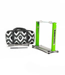 A motorcycle wheel is mounted on a Rabaconda - Motorcycle Wheel Balancer by Rabaconda, set against a white background. The balancer securely holds the wheel upright for balancing, maintenance, or tire changes.