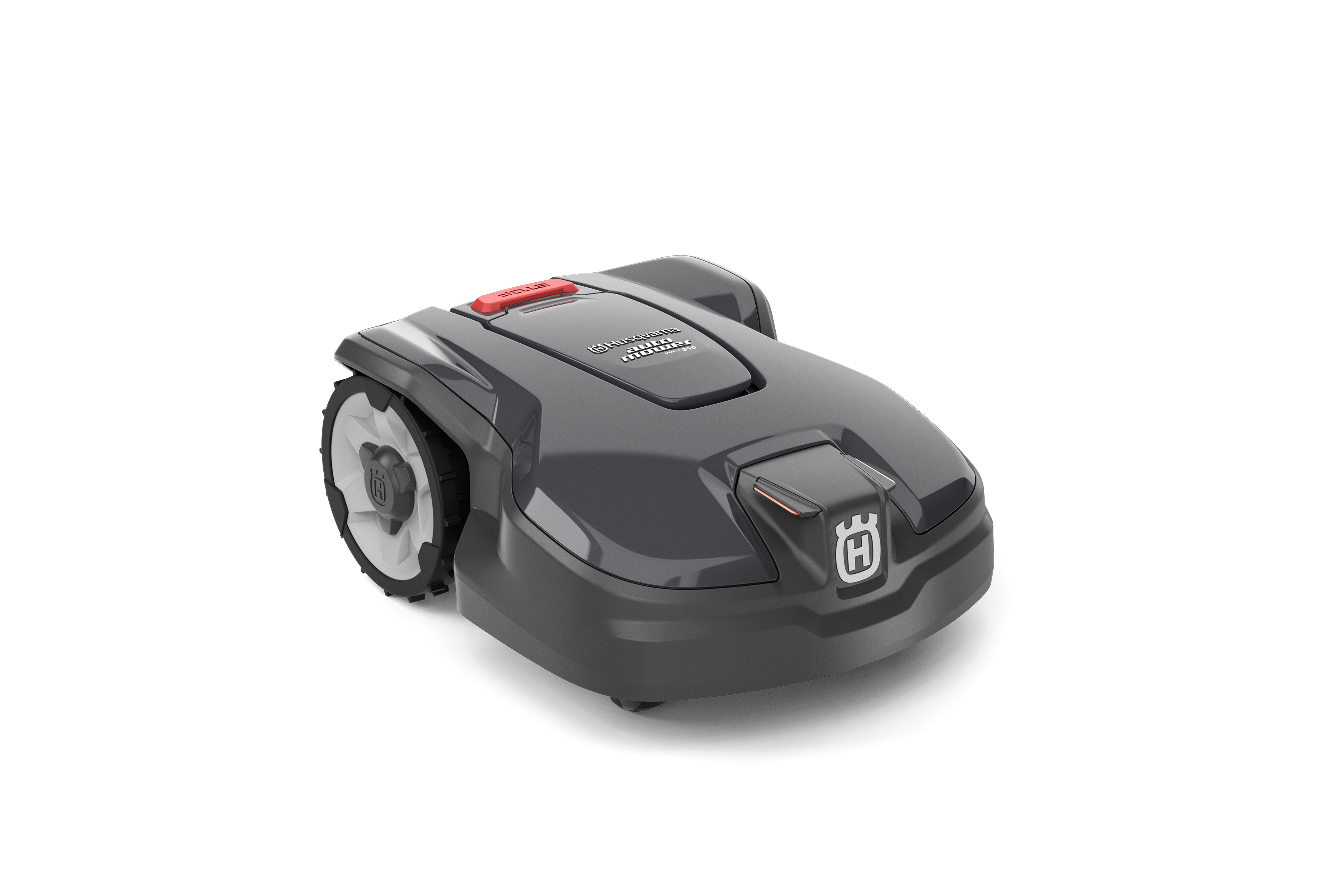 A sleek, dark gray Husqvarna Automower® 310 Mark II robotic lawn mower with two large rear wheels and a Husqvarna logo on the front, displayed on a plain, transparent background.