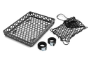 The Husqvarna Cargo holder includes a black carrier tray with a hexagonal pattern, a cargo net, and two tie-down straps with metal buckles—ideal accessories for your luggage rack.