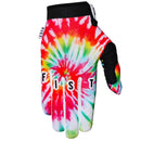 The FIST O.G DYE TIE GLOVE features bold red, yellow, green, and blue tie-dye swirls with "FIST" printed in white letters across the knuckles. The glove is shown palm-down.