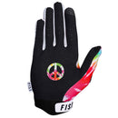 The FIST O.G DYE TIE GLOVE features bold red, yellow, green, and blue tie-dye swirls with "FIST" printed in white letters across the knuckles. The glove is shown palm-down.