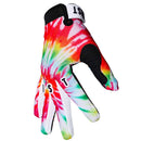 The FIST O.G DYE TIE GLOVE features bold red, yellow, green, and blue tie-dye swirls with "FIST" printed in white letters across the knuckles. The glove is shown palm-down.