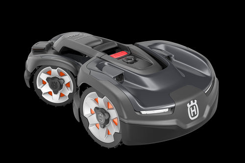 The Husqvarna Automower® 435X AWD is a sleek, black robotic lawn mower with large wheels, orange accents, the Husqvarna logo on the front, and all-wheel drive for automated grass cutting and superior maneuverability.
