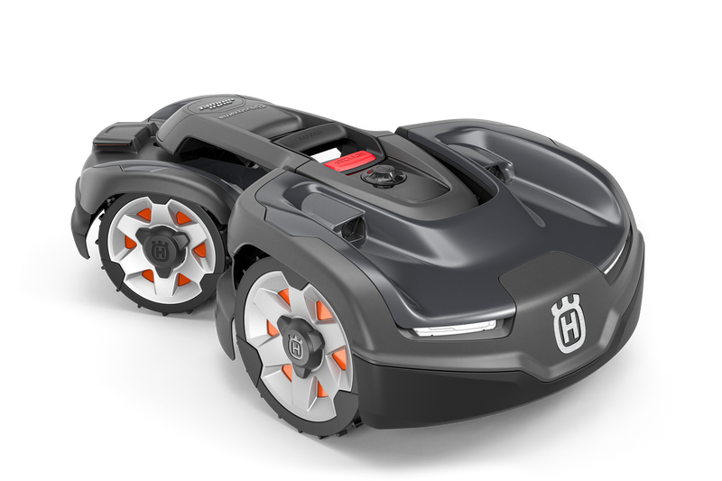 The Husqvarna Automower® 435X AWD is a sleek, black robotic lawn mower with large wheels, orange accents, the Husqvarna logo on the front, and all-wheel drive for automated grass cutting and superior maneuverability.