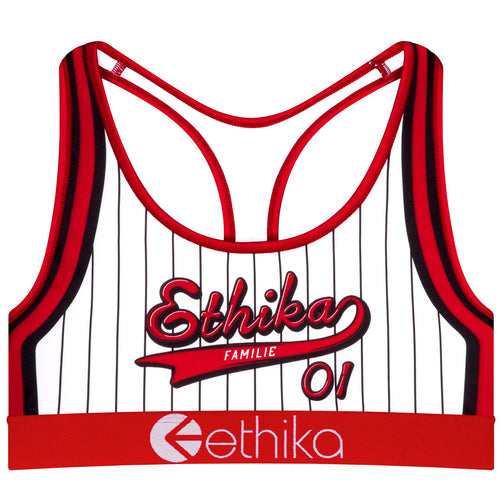 The Ethika Women’s Play Ball Sports Bra from Ethika features black vertical stripes on a white background, crafted from Performance Subzero Fabric. It includes red details on the straps and hem, with "Ethika" written in red cursive text across the chest. The number "01" and the words "FAMILIE" and "ethika" are also displayed on it.