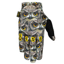 OWLS THAT GLOVE by FIST features a repeating owl face pattern with bright yellow eyes and bold yellow "FIST" lettering across the knuckles—ideal motocross gloves for standout style and top performance.