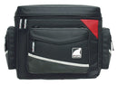 The Rally IV by Ventura is a black motorcycle top box featuring side pockets, front zippered compartments, a red and silver design accent, and the Venturrax logo.