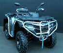 The Ventura CF Moto C Force 625 (2020) is a black and silver ATV with large off-road tires, protective bull-bars, a sturdy frame, mirrors on the handlebars, and a blue tow strap at the front. Custom mud flaps add flair to its rugged design as it sits parked on the pavement.