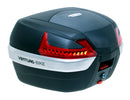 The Ventura Astro Top-box Tour XL is a sleek black and gray motorcycle storage case featuring red reflectors, a white "Ventura-Bike" strip, a rounded top, and a small lock at the bottom.