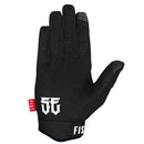 The SETH ENSLOW PAIN & LOVE GLOVE by FIST features a black design with a white skeleton hand on top, "FIST" printed across the fingers, and a red "FIST" side tag—ideal for MTB glove enthusiasts seeking both style and grip.