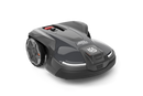 A sleek gray Husqvarna Automower® 450X NERA robotic lawn mower with large wheels, a red top button, front LED lights, and the Husqvarna logo, featuring smart home integration, is shown against a black background.
