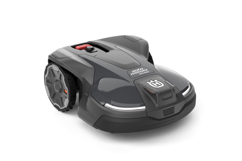 A sleek gray Husqvarna Automower® 450X NERA robotic lawn mower with large wheels, a red top button, front LED lights, and the Husqvarna logo, featuring smart home integration, is shown against a black background.