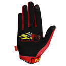 The FIST PECKER GLOVE is a red MTB glove with "FIST" in yellow on the fingers, a yellow fist, flames, and checkered flag graphic on the back. The cuff has a black-and-white checkered pattern—ideal for motocross and mountain biking.