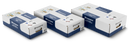 Three Husqvarna Automower® Installation Kit boxes in various sizes are arranged in a row. Each white box with blue sides features product images, the Husqvarna logo, a built-in handle, and includes loop wire for lawns.