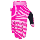 The FIST CAROLINE BUCHANAN - PINK ZEBRA GLOVE is a single MTB glove with a pink and light pink wavy zebra pattern, black thumb material, and "FIST" printed across the fingers.