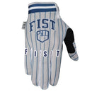 The FIST PINSTRIPE BREEZER HOT WEATHER GLOVE features bold "FIST" branding, blue and white stripes, and a shield graphic—ideal for riders who want standout style in a lightweight, minimalistic glove.
