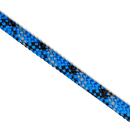A close-up of the Husqvarna Climbing rope Ascend 11.0 mm, featuring its blue braided design with black and gray patterns, set against a black background.