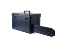 The Husqvarna Premium Chainsaw Carry Case in blue features a top handle, black latches, and an open side compartment with a long slot, shown against a white background.