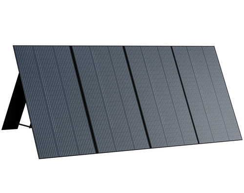 The BLUETTI PV350 Foldable Solar Panels, in black, feature a four-segment design on a support frame for optimal sunlight capture. With sleek aesthetics, they offer portable solar power solutions and seamlessly integrate with BLUETTI Power Stations for enhanced performance.